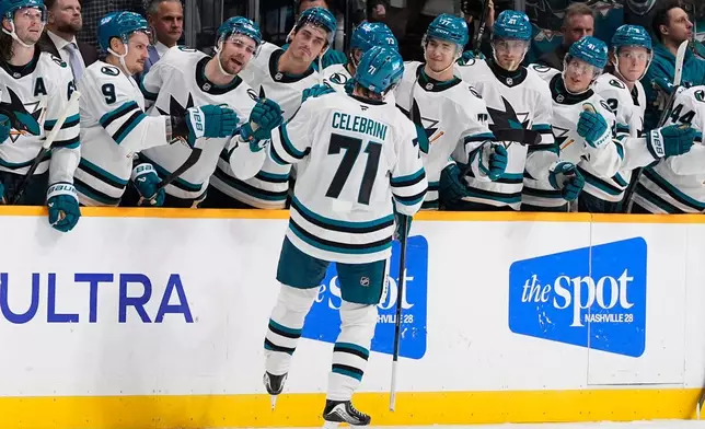 San Jose Sharks center Macklin Celebrini (71) celebrates with teammates after his shootout goal in an NHL hockey game against the Nashville Predators, Thursday, Oct. 15, 2026, in Nashville, Tenn. (AP Photo/George Walker IV)