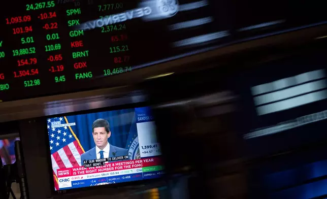 A screen displays a news conference by Federal Reserve Board Chairman Kevin Warsh on the floor of the New York Stock Exchange, Wednesday, Oct. 28, 2026, in New York. (AP Photo/Yuki Iwamura)