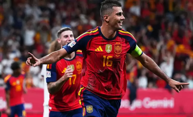 Spain's Rodri celebrates after scoring his sides first goal during the UEFA Nations League soccer match between Spain and Czechia in Oviedo, Spain, Saturday, Oct. 3, 2026. (AP Photo/Manu Fernandez)