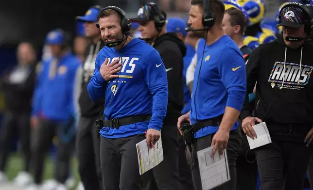 Los Angeles Rams head coach Sean McVay, left, reacts during the second half of an NFL football game against the Arizona Cardinals in Inglewood, Calif., Sunday, Oct. 18, 2026. (AP Photo/Gregory Bull)