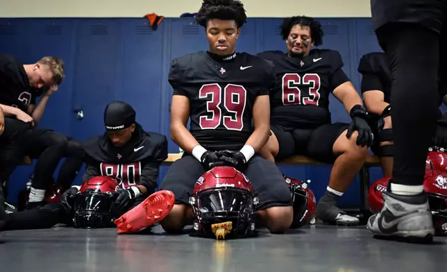Azusa Pacific's Damar Smith (39) concentrates before an NCAA Division III college football game against Whittier College, Sept. 19, 2026, in Glendora, Calif. (AP Photo/Wally Skalij)