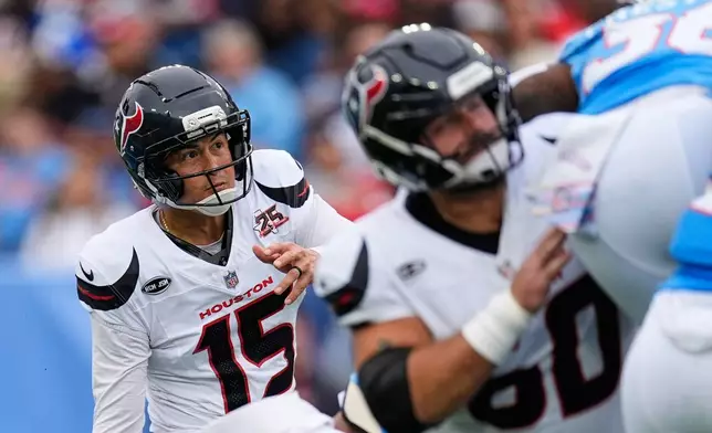 Houston Texans place kicker Ka'imi Fairbairn (15) watches after kicking a field goal during the first half of an NFL football game against the Tennessee Titans in Nashville, Tenn., Sunday, Oct. 11, 2026. (AP Photo/George Walker IV)