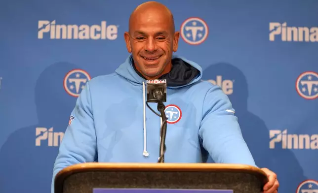 Tennessee Titans head coach Robert Saleh speaks during a news conference following an NFL football game against the Indianapolis Colts Sunday, Oct. 18, 2026, in Indianapolis. (AP Photo/Jeff Roberson)