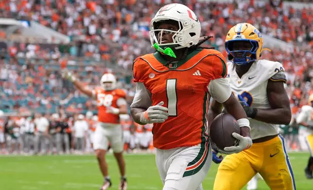 Miami wide receiver Malachi Toney (1) runs in to the endzone for a touchdown during the first half of an NCAA college football game against Pittsburgh, Saturday, Oct. 24, 2026, in Miami Gardens, Fla. (AP Photo/Rebecca Blackwell)
