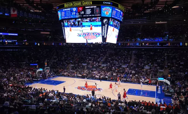The Toronto Raptors play the New York Knicks during the first half of a preseason NBA basketball game Thursday, Oct. 15, 2026, in New York. (AP Photo/Frank Franklin II)