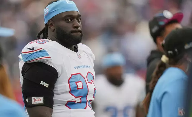 Tennessee Titans defensive tackle Nazir Stackhouse (93) stands on the sideline during the first half of an NFL football game against the Baltimore Ravens in Baltimore, Sunday, Oct. 4, 2026. (AP Photo/Stephanie Scarbrough)