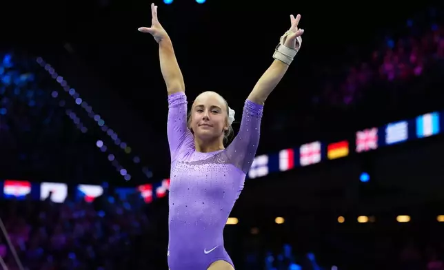 Claire Pease, of the United States, competes in the vault during the apparatus finals at the Artistic Gymnastics World Championships in Rotterdam, the Netherlands, Saturday, Oct. 24, 2026. (AP Photo/Patrick Post)