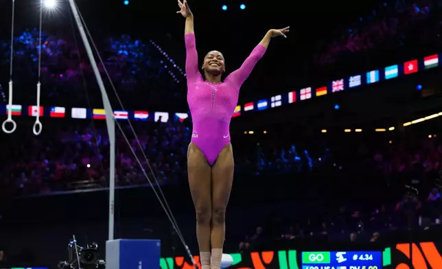 Skye Blakely, of the United States, competes in the vault during the apparatus finals at the Artistic Gymnastics World Championships in Rotterdam, the Netherlands, Saturday, Oct. 24, 2026. (AP Photo/Patrick Post)