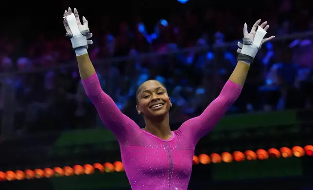 Skye Blakely, of the United States, reacts after competing in the uneven bars during the apparatus finals at the Artistic Gymnastics World Championships in Rotterdam, the Netherlands, Saturday, Oct. 24, 2026. (AP Photo/Patrick Post)