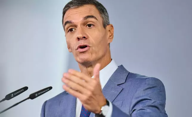 Spain's Prime Minister Pedro Sanchez speaks during a press conference at the Moncloa Palace in Madrid, Tuesday, Oct. 6, 2026. (AP Photo/Bernat Armangue)