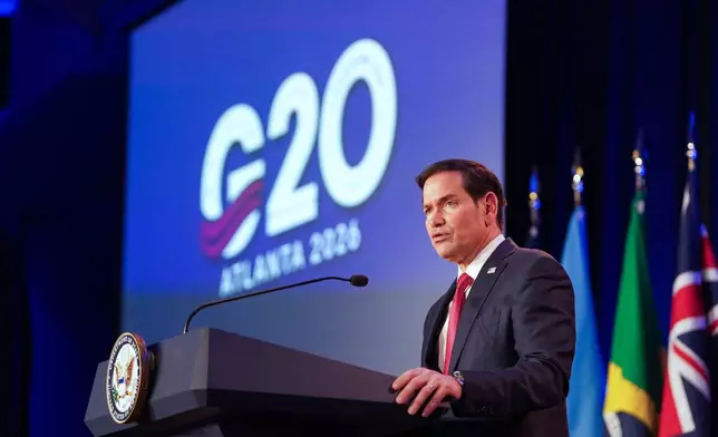 Secretary of State Marco Rubio speaks during the G20 Foreign Ministers Meeting Welcome Reception at the Georgia Aquarium in Atlanta, Friday, Oct. 30, 2026. (Megan Varner/Pool Photo via AP)