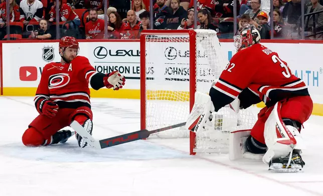 Carolina Hurricanes' Jaccob Slavin, left, and goaltender Brandon Bussi (32) try to stop a shot by the Washington Capitals during the first period of an NHL hockey game in Raleigh, N.C., Friday, Oct. 2, 2026. (AP Photo/Karl DeBlaker)