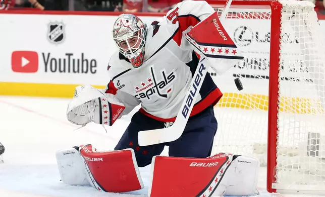 Washington Capitals goaltender Logan Thompson blocks a shot by the Carolina Hurricanes during the second period of an NHL hockey game in Raleigh, N.C., Friday, Oct. 2, 2026. (AP Photo/Karl DeBlaker)