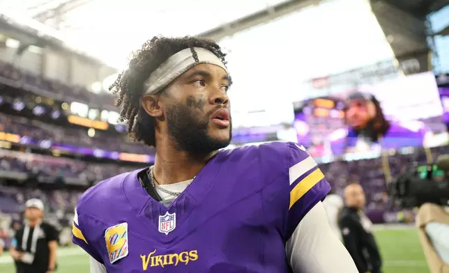 Minnesota Vikings quarterback Kyler Murray walks off the field following an NFL football game against the Miami Dolphins, Sunday, Oct. 4, 2026, in Minneapolis. (AP Photo/Matt Krohn)