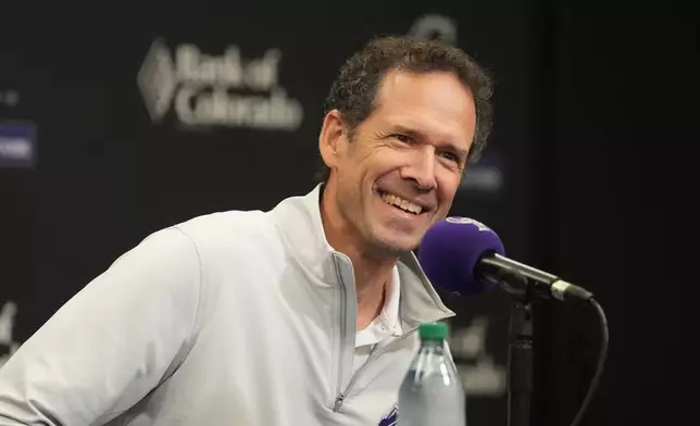 Paul DePodesta, president of baseball operations for the Colorado Rockies, responds to question during an end-of-season press conference Tuesday, Oct. 6, 2026, in Coors Field in Denver. (AP Photo/David Zalubowski)