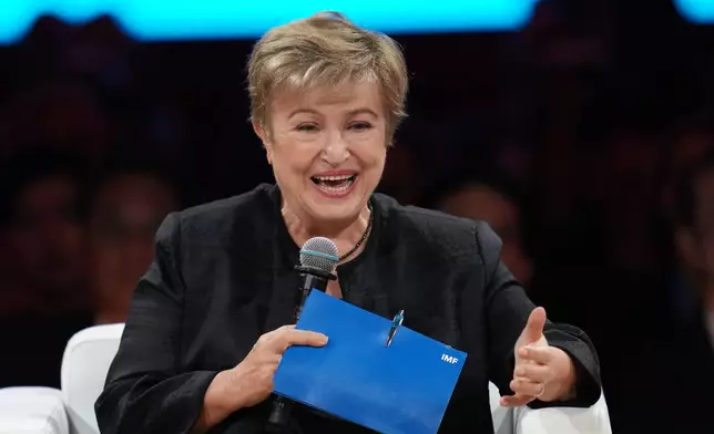 International Monetary Fund (IMF) Managing Director Kristalina Georgieva speaks at the Small AI, Real Jobs forum during the annual meetings of the IMF and the World Bank Group in Bangkok, Monday, Oct. 12, 2026. (AP Photo/Sakchai Lalit)