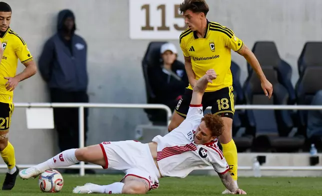 Toronto FC's Josh Sargent, left, kicks the ball away from Columbus Crew's Malte Amundsen during the first half of an MLS soccer match, Saturday, Oct. 24, 2026, in Columbus, Ohio. (AP Photo/Jay LaPrete)