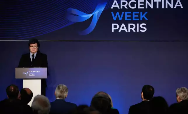 Argentina's President Javier Milei delivers a statement at the Organisation for Economic Co-operation and Development (OECD) headquarters, ahead of the ''Argentina Week'', an event aimed at promoting investment and business opportunities, in Paris, Thursday, Oct. 1, 2026. (AP Photo/Teresa Suarez)