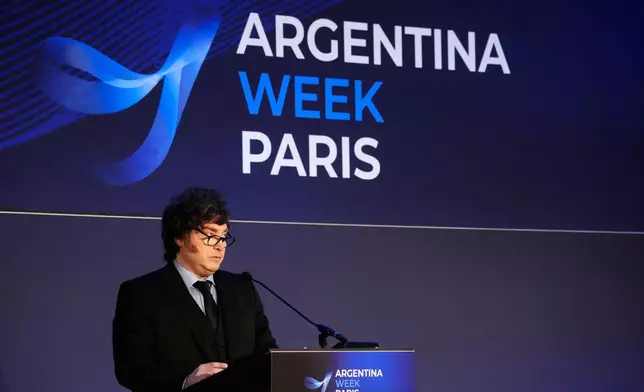 Argentina's President Javier Milei delivers a statement at the Organisation for Economic Co-operation and Development (OECD) headquarters, ahead of the ''Argentina Week'', an event aimed at promoting investment and business opportunities, in Paris, Thursday, Oct. 1, 2026. (AP Photo/Teresa Suarez)