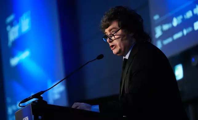 Argentina's President Javier Milei delivers a statement at the Organisation for Economic Co-operation and Development (OECD) headquarters, ahead of the ''Argentina Week'', an event aimed at promoting investment and business opportunities, in Paris, Thursday, Oct. 1, 2026. (AP Photo/Teresa Suarez)