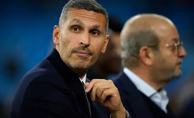 FILE - Manchester City chairman Khaldoon Al Mubarak gestures prior to the Champions League opening phase soccer match between Manchester City and Inter Milan in Manchester, England, Wednesday, Sept. 18, 2024. (AP Photo/Dave Thompson, File)
