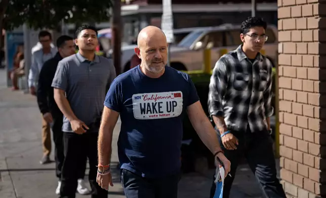 California gubernatorial candidate Steve Hilton arrives for a news conference in Los Angeles, Monday, Sept. 21, 2026. (AP Photo/Jae C. Hong)