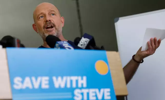 California Republican gubernatorial candidate Steve Hilton speaks during a news conference to launch his "Save With Steve" campaign on Monday, Sept. 28, 2026, in Los Angeles, Calif. (AP Photo/Caroline Brehman)