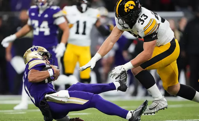 Washington quarterback Demond Williams Jr. is pushed down by Iowa linebacker Cam Buffington during the first half of an NCAA college football game, Friday, Oct. 9, 2026, in Seattle. (AP Photo/Lindsey Wasson)