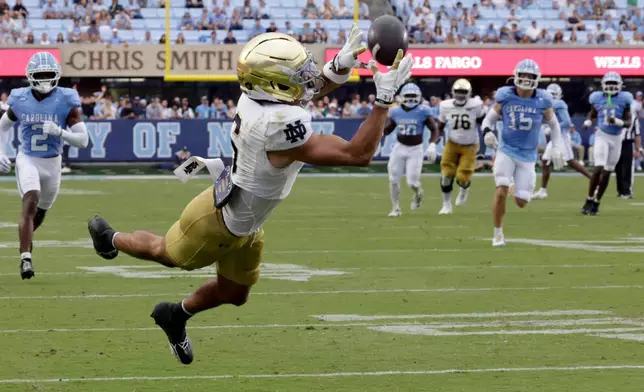 Notre Dame wide receiver Jordan Faison (6) pulls in a touchdown pass against North Carolina during the first half of an NCAA college football game Saturday, Oct. 3, 2026, in Chapel Hill, N.C. (AP Photo/Chris Seward)