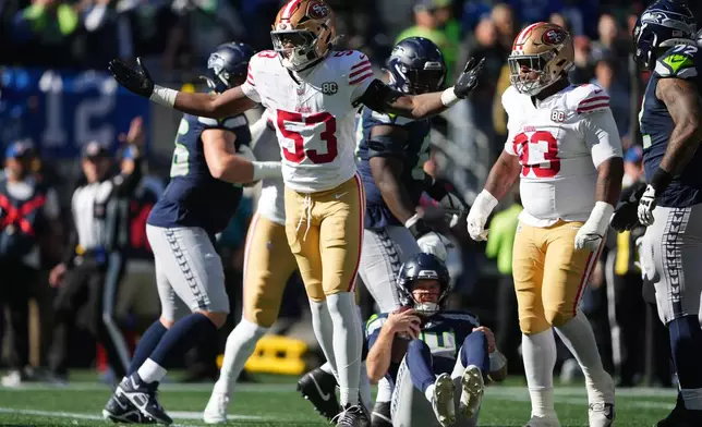 San Francisco 49ers linebacker Jaden Dugger (53) reacts after recording a sack against Seattle Seahawks quarterback Sam Darnold (14) during the first half of an NFL football game Sunday, Oct. 11, 2026, in Seattle. (AP Photo/Lindsey Wasson)