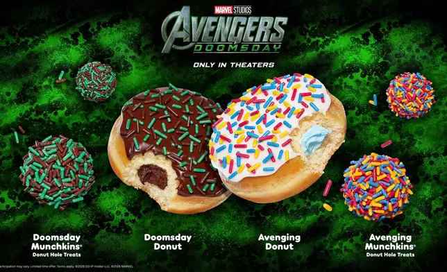 Dunkin’ and Marvel Studios’ “Avengers: Doomsday” are introducing the Doomsday Donut, Avenging Donut and Doomsday and Avenging MUNCHKINS® Donut Hole Treats, available Nov. 4 at participating Dunkin' restaurants.