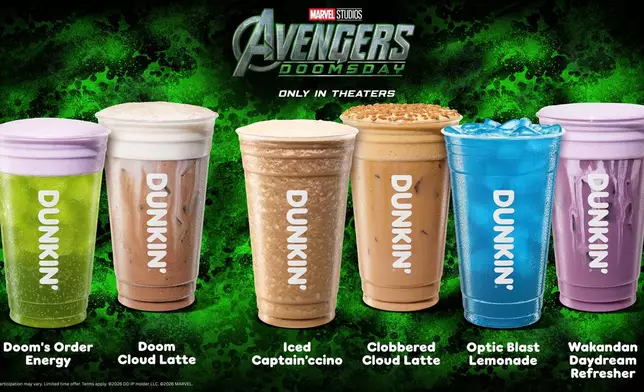 Dunkin’ and Marvel Studios’ “Avengers: Doomsday” are bringing guests a limited-time beverage lineup of character-inspired beverages, available Nov. 4 at participating Dunkin’ restaurants.