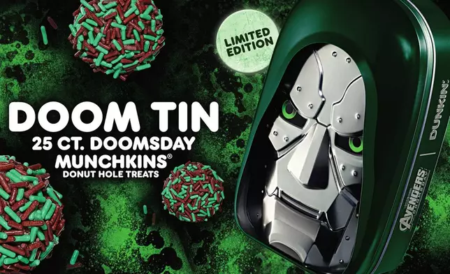 Beginning Nov. 4, fans can bring home the Doctor Doom 25-count MUNCHKINS® Tin, available at participating Dunkin' restaurants, while supplies last.