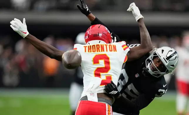 Las Vegas Raiders cornerback Hezekiah Masses (35) breaks up a pass intended for Kansas City Chiefs wide receiver Tyquan Thornton (2) during the second half of an NFL football game in Las Vegas, Sunday, Oct. 4, 2026. (AP Photo/John Locher)
