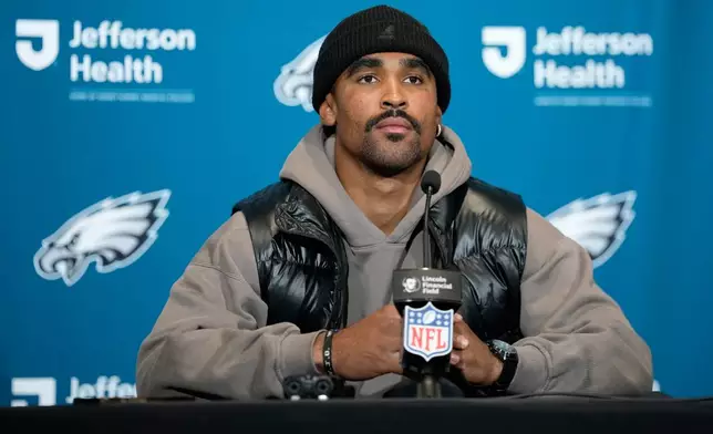 Philadelphia Eagles quarterback Jalen Hurts attends a news conference after an NFL football game against the Los Angeles Rams in Philadelphia, Sunday, Oct. 4, 2026. (AP Photo/Matt Slocum)