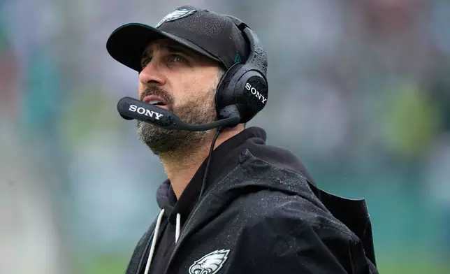 Philadelphia Eagles head coach Nick Sirianni looks up during the second half of an NFL football game against the Los Angeles Rams in Philadelphia, Sunday, Oct. 4, 2026. (AP Photo/Chris Szagola)