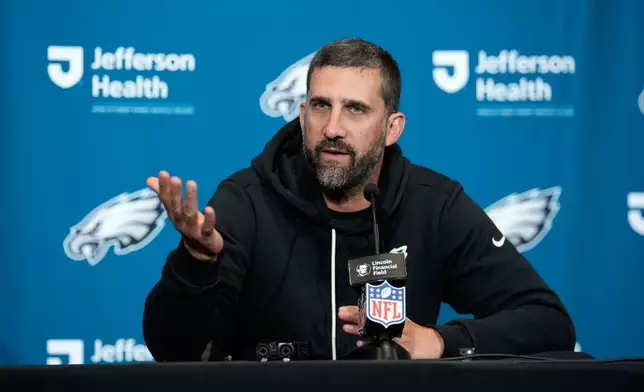 Philadelphia Eagles head coach Nick Sirianni speaks during a news conference after an NFL football game against the Los Angeles Rams in Philadelphia, Sunday, Oct. 4, 2026. (AP Photo/Matt Slocum)