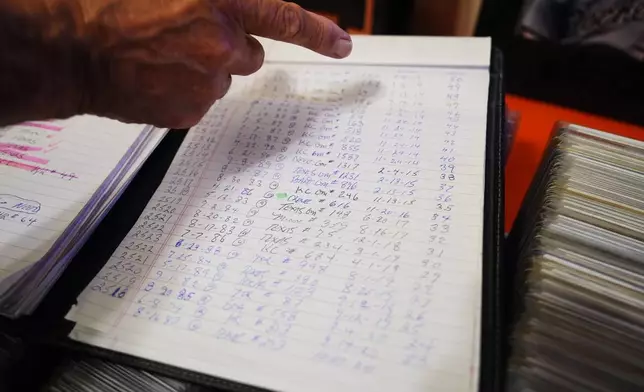 Baltimore Orioles fan Rick Taylor shows the log that he uses to track his progress in collecting tickets from every game of Cal Ripken Jr.'s 2,632 game "Iron Man" streak, at his home in Reisterstown, Md., Tuesday, Oct. 13, 2026. (AP Photo/Stephanie Scarbrough)