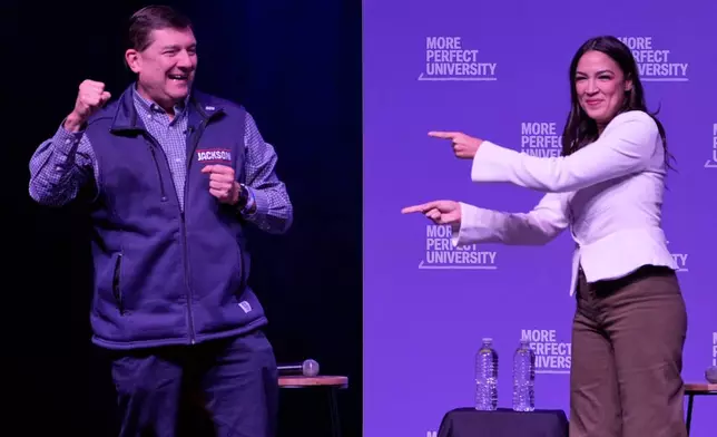 Troy Jackson, Democratic candidate for U.S. Senate, and Rep. Alexandria Ocasio-Cortez, D-N.Y., acknowledge applause at a "Students vs. Billionaires" campaign stop Thursday, Oct. 22, 2026, in Portland, Maine. (AP Photo/Robert F. Bukaty)