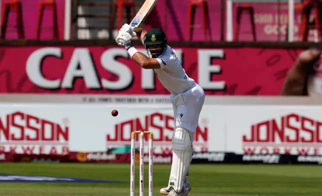 South Africa's Aiden Markram leaves the ball on day five of the first cricket test match between South Africa and Australia, in Durban, South Africa, Tuesday, Oct. 13, 2026. (AP Photo/Themba Hadebe)