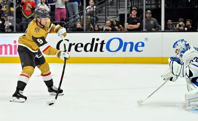 Vegas Golden Knights' Jack Eichel (9) shoots a penalty shot against Toronto Maple Leafs' Sergei Bobrovsky, right, during the second period of an NHL hockey game Thursday, Oct. 8, 2026, in Las Vegas. (AP Photo/David Becker)