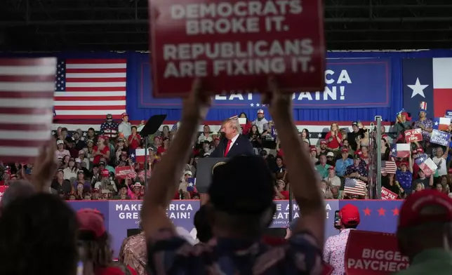 Supporters hold banners as President Donald Trump speaks during a campaign rally, Tuesday, Oct. 27, 2026, in Corpus Christi, Texas. (AP Photo Eric Vryn)
