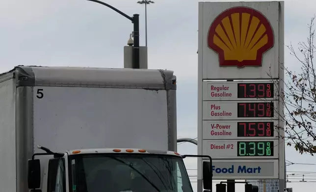 A truck drives past a fuel price board for gasoline and diesel at a gas station on Tuesday, Oct. 20, 2026, in San Francisco. (AP Photo/Jeff Chiu)