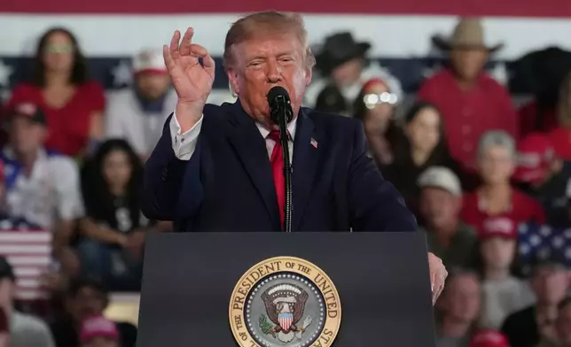 President Donald Trump speaks during a campaign rally, Tuesday, Oct. 27, 2026, in Corpus Christi, Texas. (AP Photo Eric Vryn)