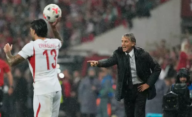 Italy's head coach Roberto Mancini gestures during the UEFA Nations League soccer match between Turkey and Italy in Bursa, Turkey, Monday, Sept. 28, 2026. (AP Photo/Khalil Hamra)