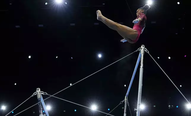 Skye Blakely, of the United States, competes in the uneven bars during the women's all-around final at the Artistic Gymnastics World Championships in Rotterdam, the Netherlands, Friday, Oct. 23, 2026. (AP Photo/Patrick Post)