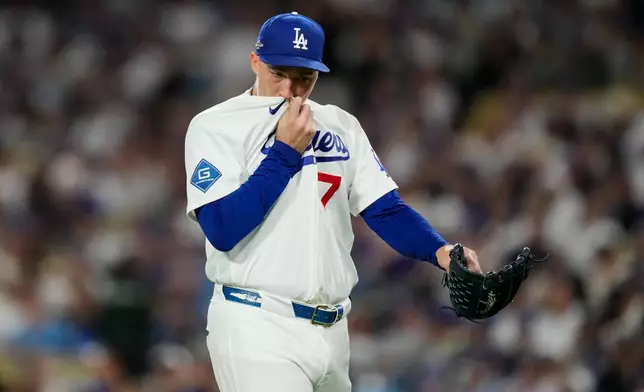 Los Angeles Dodgers pitcher Blake Snell walks off the mound during the seventh inning of Game 3 of baseball's National League Championship Series between the Milwaukee Brewers and the Los Angeles Dodgers, Wednesday, Oct. 14, 2026, in Los Angeles. (AP Photo/Ashley Landis)