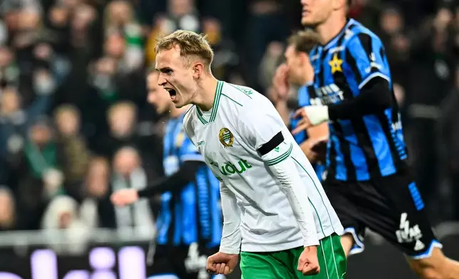 Hammarby's Victor Stange Lind celebrates scoring on a penalty kick during the Swedish league soccer match between Hammarby IF and IK Sirius FK in Stockholm, Sweden, Thursday, Oct. 29, 2026. (Anders Wiklund/TT News Agency via AP)