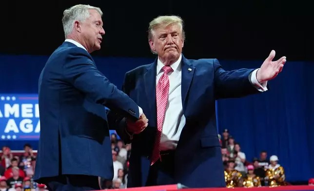 President Donald Trump shakes hands with Sen. Roger Marshall, R-Kan., at a campaign rally at Heartland Credit Union Arena, Monday, Oct. 19, 2026, in Park City, Kan. (AP Photo/Julia Demaree Nikhinson)