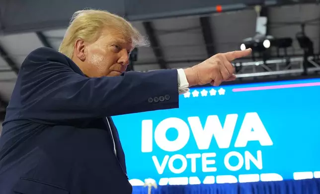 President Donald Trump gestures after speaking at a campaign rally at Sioux Gateway Airport, Thursday, Oct. 22, 2026, in Sioux City, Iowa. (AP Photo/Alex Brandon)